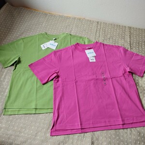 まとめ 2枚セット●未使用 UNIQLO エアリズム コットン 半袖 Tシャツ M ゆったり 身幅51 pink green●同色2枚も可能●ネコポ 送料無料