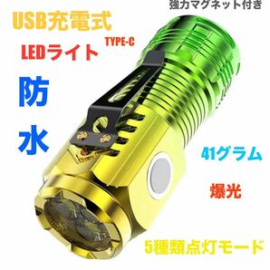 充電式 小型 LEDライト 防水 マグネット付き 軽々41g USB タイプC充電 高輝度 ハンディライト 懐中電灯