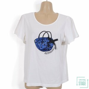 【美品】ギャラリービスコンティ★ フロントのスパンコール飾りがオシャレ！ 半袖Tシャツカットソー オフ白系 サイズ3＊z6955