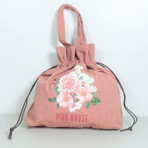 【美品】 ピンクハウス★薔薇のプリントが印象的！　巾着開口部　レッスンバッグ　くすんだピンク系＊b5596