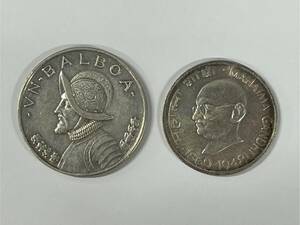 0002-0394 1円出品 外国 硬貨 銀貨 パナマ 1947年 バルボア AN BALBOA インド 生誕100周年 10ルピー 1969-1948 ガンジー おまとめ 2枚