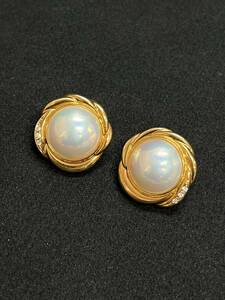 0001-0335 1円出品 田崎真珠 TASAKI マベパール アクセサリー イヤリング k18 ダイヤモンド 0.03ct 刻印 有り 総重量 約 11.59g 現物 のみ