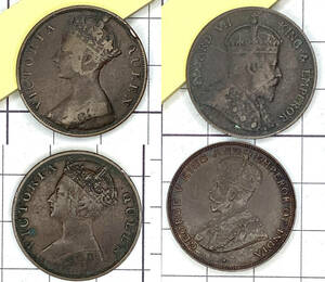 外国銅貨 香港一仙 ヴィクトリア 1876年と1881年、エドワード 1902年と1925年（計4枚）