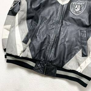 希少2XL NFL 90s RAIDERS 【極上の牛革】リーボック オークランド・レイダース スタジャン レザー ライダースジャケット ブルゾン 黒 1円の画像4