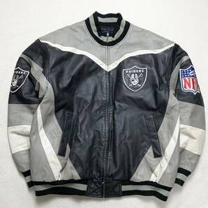 希少2XL NFL 90s RAIDERS 【極上の牛革】リーボック オークランド・レイダース スタジャン レザー ライダースジャケット ブルゾン 黒 1円の画像1