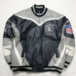 希少2XL NFL 90s RAIDERS 【極上の牛革】リーボック オークランド・レイダース スタジャン レザー ライダースジャケット ブルゾン 黒 1円