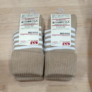 MUJI 無印良品 新品 足なり直角のびのび 裏パイル厚手くつした キッズ 15~18cm キャメル×ボーダー