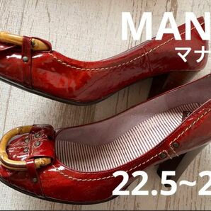 美品 MANA 35 レディース パンプス ハイヒール 女性 マナ 本革 赤 レッド 木製 木 ウッド レザー 22.5 23 皮