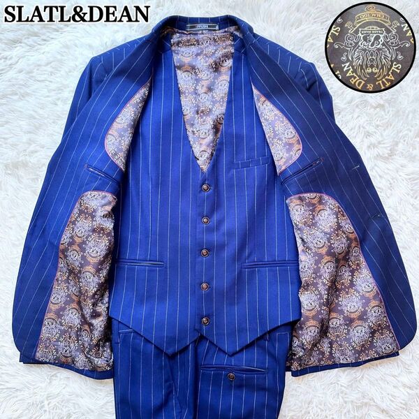 【極美品】SLATL&DEAN スリーピーススーツ 3ピースセットアップ 裏地総柄 ネイビー ストライプ 2XL 大きいサイズ