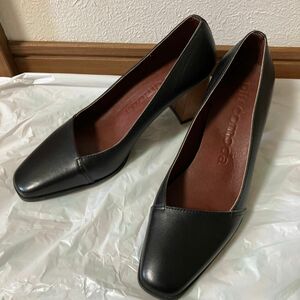 パンプス 本革 ブラック ハイヒール 靴 レザー ヒール 黒太ヒール39 24.5 美品