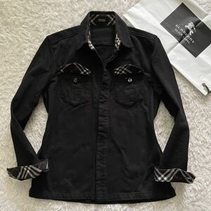 美品 バーバリーブラックレーベル BURBERRY BLACK LABEL 長袖 シャツ ロゴパッチ ノバチェック シャツジャケット 春 2/M ブラック 黒