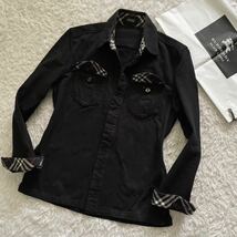 美品 バーバリーブラックレーベル BURBERRY BLACK LABEL 長袖 シャツ ロゴパッチ ノバチェック シャツジャケット 春 2/M ブラック 黒_画像3