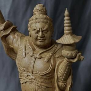 仏教工芸品 総ケヤキ製 井波彫刻 極上彫 木彫仏像 毘沙門天立像の画像3