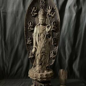 高45cm 仏教工芸品 総楠製 井波彫刻 極上彫 木彫仏像 日光菩薩立像の画像3