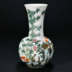 br10355 中国古玩 花瓶 大清乾隆年製 色絵 花鳥紋 五彩 陶器 陶磁器 在銘 置物 唐物 高22.3cmの画像2