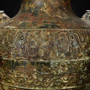 br10363 中国古玩 古銅製 饕餮文 銘文 獣耳付 花瓶 在銘 置物 大振り 時代物 銅置物 高36.5cm 重4.7kgの画像5