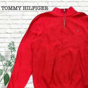 A-221★TOMMY HILFIGER トミーヒルフィガー★レッド赤色 ロゴ刺繍 ハーフジップ ニット セーター M相当