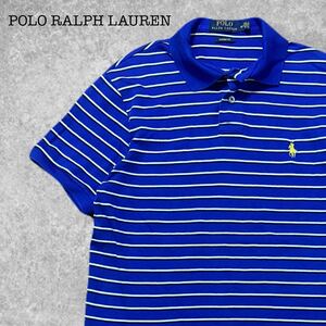 A-232★POLO RALPH LAUREN ポロ ラルフローレン CUSTOM FIT★ブルー青色 ボーダー ポニーロゴ刺繍 半袖 スムース生地 ポロシャツ S/P