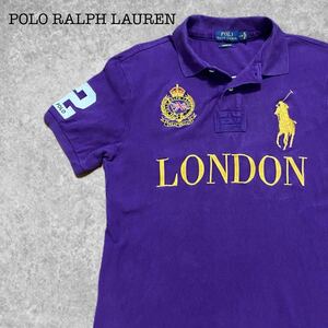 237★POLO RALPH LAUREN ポロ ラルフローレン★パープル紫色 ビッグポニー刺繍 英国旗 ナンバリング ロンドン 半袖 鹿の子 ポロシャツ L