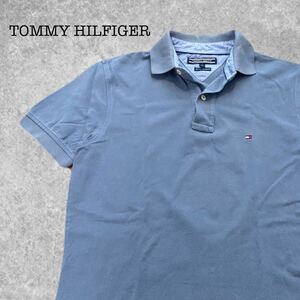 A-256★TOMMY HILFIGER トミーヒルフィガー CLASSIC FIT★ブルーグレー ロゴ刺繍 半袖 鹿の子 ポロシャツ S