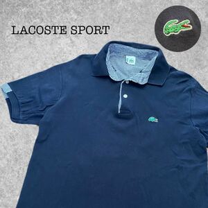 A-267★LACOSTE SPORT ラコステ スポーツ★ネイビー紺色 ギンガムチェック ワニ刺繍 半袖 スムース生地 ポロシャツ L