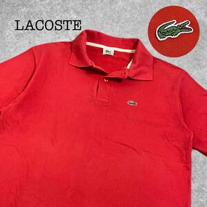 A-288★LACOSTE ラコステ★レッド赤色 半袖 鹿の子 ワニロゴ刺繍 ポロシャツ L