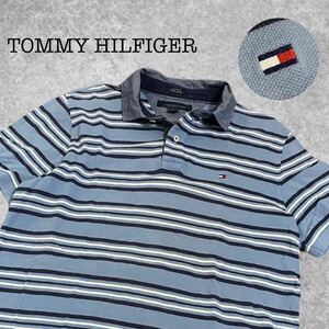 A-293★TOMMY HILFIGER トミーヒルフィガー CUSTOM FIT★ライトブルー水色 ボーダー ロゴ刺繍 半袖 鹿の子 ポロシャツ M