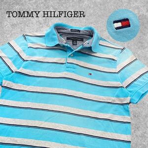 A-308★TOMMY HILFIGER トミーヒルフィガーcustom fit★ライトブルー水色 ボーダー ロゴ刺繍 半袖 スムース生地 ポロシャツ XS