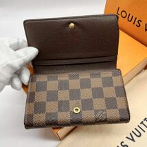 極美品● LOUIS VUITTON ルイヴィトン 折り財布 ダミエ エベヌ ポルトモネ ビエ トレゾール 2つ折り L字ファスナー 茶 ブラウン レディース_画像3