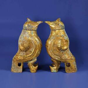 3923DM&4 中国骨董 人間国宝 [フクロウのつがいです ] 銅器 金属工芸品 古玩收藏 復古 置物 純銅鋳造 開運風水
