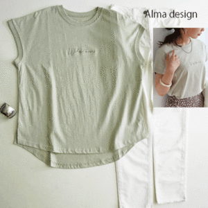 新品アンドミーandMe■コットン天竺フレンチスリーブロゴ刺繍Tシャツ グリーン系