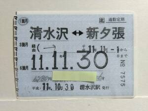 ●ＪＲ北海道●通勤定期●清水沢⇔新夕張●清水沢駅●H11年●パウチ加工●