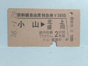 ●国鉄●新幹線自由席特急券●小山→北上盛岡●S58年●