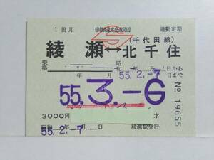 ●帝都高速度交通営団●通勤定期●常備●綾瀬⇔北千住●S55年●