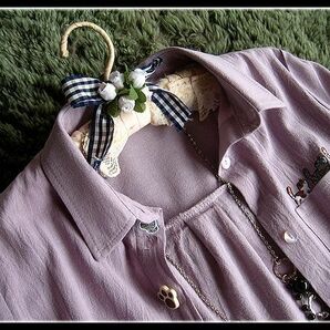 ◆Rose◇訳あり送料無料・M～L～2L・猫ちゃん刺繍がアクセント♪ナチュラルコットンのシャツチュニック/ラベンダーの画像6