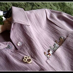 ◆Rose◇訳あり送料無料・M～L～2L・猫ちゃん刺繍がアクセント♪ナチュラルコットンのシャツチュニック/ラベンダーの画像8