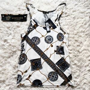  unused class L men's VERSACE Versace . Versace tank top white black mete.-sa total pattern rayon no sleeve flexible stretch 