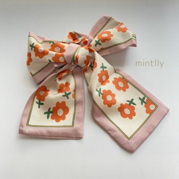 リボン スカーフ 花柄 シフォン オレンジ ピンク ボウタイ 柔らか かわいい 多機能 ヘアアクセサリー バッグ アクセサリー