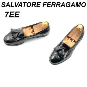 即決 SALVATORE FERRAGAMO フェラガモ 25cm 7EE メンズ レザーシューズ フリンジローファー 黒 ブラック 革靴 皮靴 ビジネスシューズ