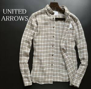 54961 新品▼ ユナイテッドアローズ　春秋　麻生地　ヨーロピアンリネン　長袖　チェックシャツ　UNITED ARROWS　モカ(M)