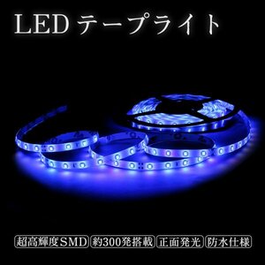 Б 送料無料 LEDテープライト 超高輝度 24V専用 5m 300連 防水仕様 正面発光 両面テープ付 LEDテープ 青 ブルー