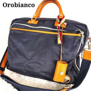 【美品】Orobianco オロビアンコ ビジネス ハンド ショルダー ２ウェイway バッグ ネイビー ナイロン レザー A4収納可