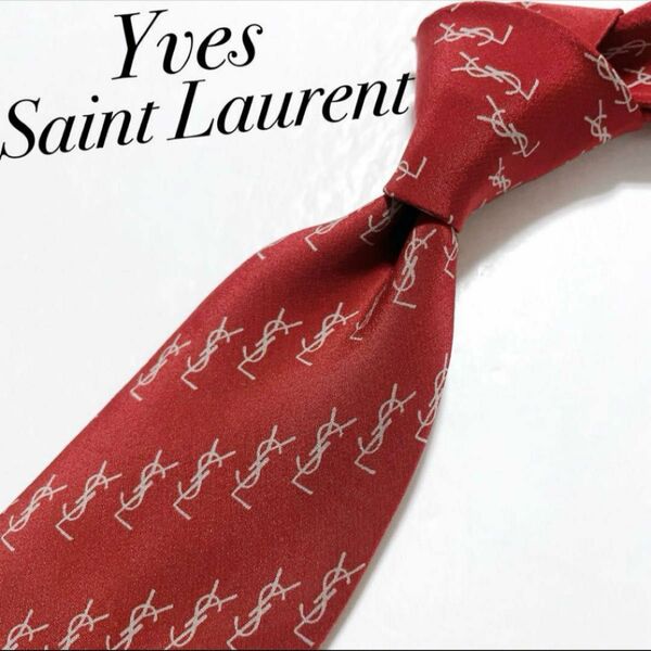 美品 イヴサンローラン ネクタイ ハイブランド YSLロゴ ロゴストライプ柄 赤 YVES SAINT LAURENT