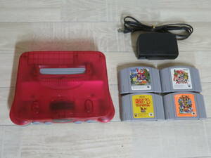  beautiful goods! Nintendo Nintendo 64 clear red NUS-001 body + AC adaptor / soft ×4ps.@ attaching set sale indoor keeping goods 