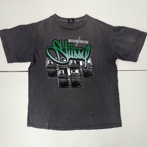 7．STUSSY 00s サンフェード カラー オールド ステューシー デカロゴ プリント 半袖 Tシャツ Y2K ストリート メンズL グレー系緑白x406の画像1