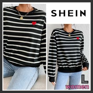 SHEIN 縞模様プリント ハート刺 長袖 Tシャツ ブラック Lサイズ