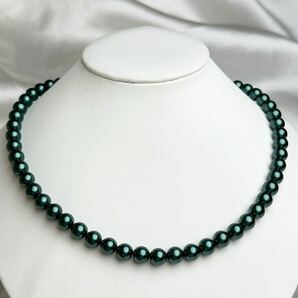 花珠 貝パールネックレス 8mm ブラックグリーン 42cm necklace SILVER の画像1