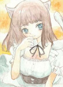 手描きイラスト◆にゃんこメイドさん◆　ミニ原画　ATC イラストボード　創作　オリジナルイラスト　水彩　アナログ　手書き