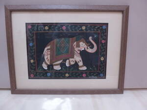 Art hand Auction Индийская картина на ткани слон в рамке, произведение искусства, Рисование, другие