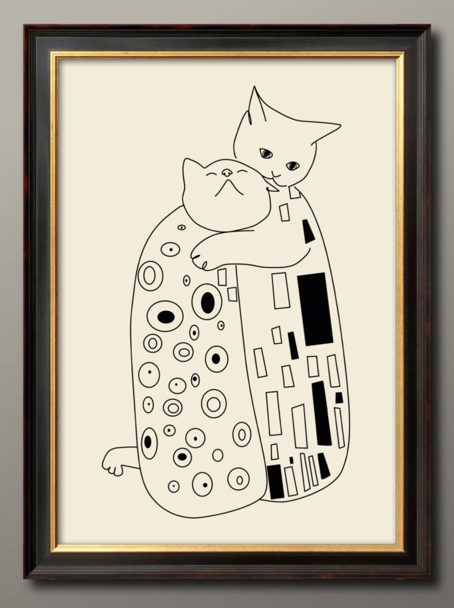 14626■Free shipping!! Art poster painting A3 size Gustav Klimt Homage Cat Hug illustration Nordic matte paper, Housing, interior, others